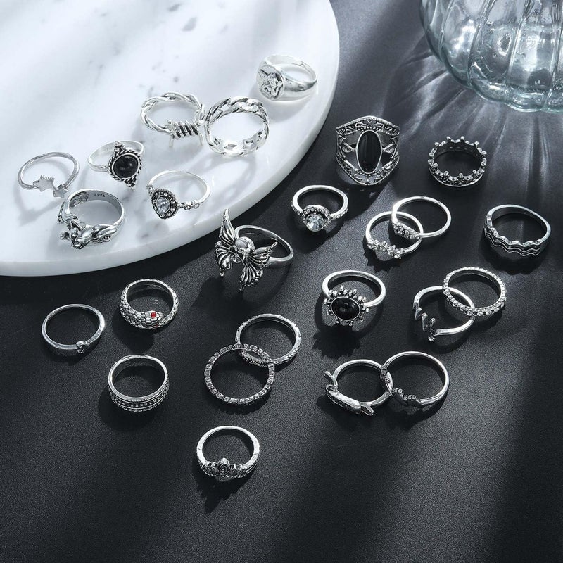 17IF 26-35 Pcs Vintage Silver Knuckle Rings Set for Women Men, Grunge Gothic Rings Chunky Aesthetic Snake Stackable Adjustable Punk Bulky Finger Alt Fairy Skull Frog Heart Star Flower Midi Ring Pack - Image 5